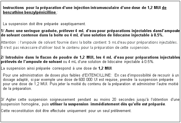 Zone de Texte: Instructions pour la préparation d’une injection intramusculaire d’une dose de 1,2 MUI de benzathine benzylpénicilline : 

 La suspension doit être préparée aseptiquement.
1/ Avec une seringue graduée, prélever 4 mL d’eau pour préparations injectables dans l’ampoule de solvant contenue dans la boite ou 4 mL d’une solution de lidocaïne injectable à 0.5%. 
Attention : l’ampoule de solvant fournie dans la boîte contient 5 mL d’eau pour préparations injectables. Il n’est pas nécessaire d’utiliser tout le contenu pour la préparation de cette suspension.

2/ Introduire dans le flacon de poudre de 1,2 MUI, les 4 mL d’eau pour préparations injectables prélevés de l’ampoule de solvant ou 4 mL d’une solution de lidocaïne injectable à 0.5%.
La suspension ainsi préparée correspond à une dose de 1,2 MUI.
Pour une administration de doses plus faibles d’EXTENCILLINE: En cas d’impossibilité de recourir à un dosage adapté, si par exemple une dose de 600 000 UI est requise, prendre la suspension préparée pour une dose de 1,2 MUI. Puis jeter la moitié du contenu de la préparation et administrer l’autre moitié de la préparation.

3/ Agiter cette suspension soigneusement pendant au moins 20 secondes jusqu’à l’obtention d’une suspension homogène, puis utiliser la suspension immédiatement dès qu’elle est préparée.
Cette reconstitution doit être effectuée uniquement pour un seul prélèvement. 
